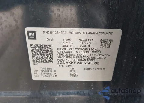 2020 Chevrolet Equinox Fwd Lt 1.5L Turbo z USA, uszkodzony, nr VIN 2GNAXKEV4L6143682